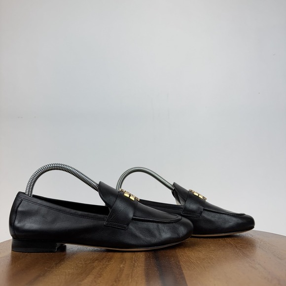 Womens Tory Burch Eleanor Black Leather Gold Hardware Casual Loafers Size 7 GUC